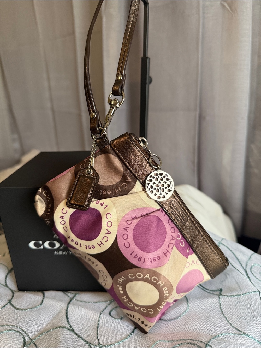 Coach Alexandria Snaphead Pink & Brown Signature Wristlet